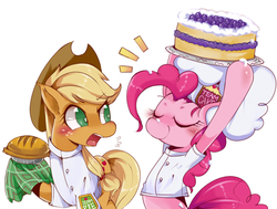 Size: 1195x903 | Tagged: safe, artist:hua, applejack, pinkie pie, g4, baking, cake, chef, clothes, competition, cooking, food, pie