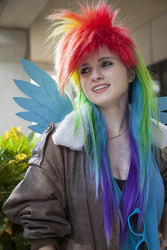 Size: 1280x1920 | Tagged: safe, artist:jennabrowne, rainbow dash, human, g4, 80s hair, cosplay, irl, irl human, multicolored hair, photo, rainbow hair, solo