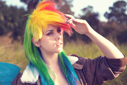 Size: 1404x936 | Tagged: safe, artist:norikat, rainbow dash, human, g4, cosplay, irl, irl human, photo, solo