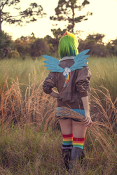 Size: 936x1404 | Tagged: safe, artist:norikat, rainbow dash, human, g4, back, clothes, cosplay, grass, irl, irl human, jacket, photo, solo