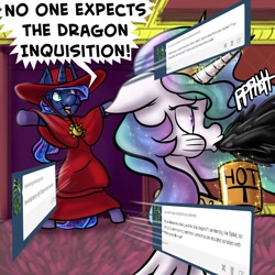 Size: 1280x1280 | Tagged: safe, artist:fauxsquared, princess celestia, princess luna, pony, tumblr:it's always sunny in canterlot, g4, ask, bipedal, clothes, duo, hat, magic, monty python, moustache, racism, robe, spanish inquisition, spit take, telekinesis, tumblr
