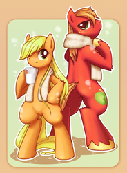 Size: 900x1220 | Tagged: safe, artist:chinpui, applejack, big macintosh, earth pony, pony, g4, bipedal, glass, milk, pixiv, towel