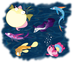 Size: 1600x1357 | Tagged: safe, artist:grievousfan, applejack, fluttershy, pinkie pie, rainbow dash, rarity, twilight sparkle, betta, catfish, fish, koi, puffer fish, rainbow trout, g4, blowfish, blue eyes, bubble, cute, dorsal fin, female, fins, fish tail, fishified, flutterfish, guppy, mane six, mare, ocean, open mouth, open smile, platy, rarifish, silver tipped shark, smiling, species swap, tail, underwater, water