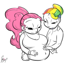 Size: 800x700 | Tagged: safe, artist:sanders, pinkie pie, rainbow dash, human, g4, female, humanized, lesbian, magical lesbian spawn, offspring, pregnant, ship:pinkiedash, shipping, smiling