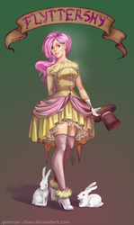 Size: 535x900 | Tagged: safe, artist:sparrow-chan, fluttershy, human, rabbit, g4, animal, clothes, dress, female, hat, humanized, light skin, old banner, solo, top hat