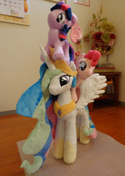 Size: 1000x1406 | Tagged: safe, artist:whitedove-creations, pinkie pie, princess celestia, twilight sparkle, g4, 4de, irl, photo, plushie, ponies riding ponies, riding, toy