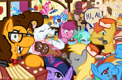 Size: 1400x910 | Tagged: safe, artist:kimi-the-sioux, berry punch, berryshine, big macintosh, bon bon, bulk biceps, carrot cake, carrot top, cheese sandwich, cup cake, derpy hooves, dj pon-3, doctor whooves, golden harvest, lyra heartstrings, octavia melody, pound cake, princess celestia, pumpkin cake, rainbow dash, sweetie drops, time turner, twilight sparkle, vinyl scratch, earth pony, pony, g4, pinkie pride, three's a crowd, accordion, glasses, i love rocky road, ice cream, male, musical instrument, parody, rocky road, royal guard, stallion, weird al yankovic