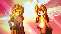 Size: 3840x2160 | Tagged: safe, artist:an-m, sunset shimmer, equestria girls, g4, duality, eared humanization, horn, horned humanization, humanized, magic