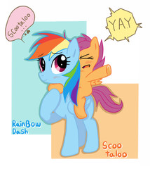 Size: 600x700 | Tagged: safe, artist:joycall6, rainbow dash, scootaloo, g4, ponies riding ponies, riding, scootaloo riding rainbow dash, yay