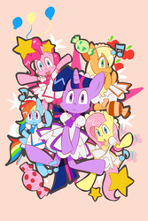 Size: 2000x3000 | Tagged: safe, artist:joycall6, applejack, fluttershy, pinkie pie, rainbow dash, twilight sparkle, g4, clothes, ojamajo doremi, parody, witch, witch apprentice