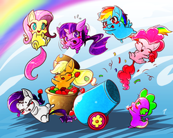 Size: 2000x1600 | Tagged: safe, artist:hairezz, applejack, fluttershy, pinkie pie, rainbow dash, rarity, spike, twilight sparkle, alicorn, pony, g4, apple, female, mane seven, mane six, mare, party cannon, pony cannonball, twilight sparkle (alicorn)