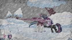 Size: 1024x571 | Tagged: safe, artist:zehfox, shining armor, pony, unicorn, g4, female, future twilight, glowing horn, gun, hooves, horn, levitation, magic, male, mare, mp5k, optical sight, remington 700, rifle, sniper rifle, snow, snowfall, stallion, submachinegun, telekinesis, weapon, winter