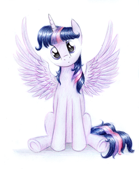 Size: 849x1064 | Tagged: safe, artist:magfen, twilight sparkle, alicorn, pony, g4, cute, female, head tilt, looking at you, mare, sitting, solo, spread wings, traditional art, twilight sparkle (alicorn), underhoof