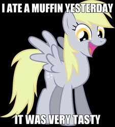 Size: 722x800 | Tagged: safe, derpy hooves, pegasus, pony, g4, caption, female, image macro, mare, muffin, solo