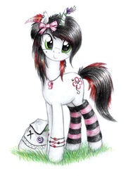 Size: 1049x1389 | Tagged: safe, artist:magfen, oc, oc only, oc:bloody herb, pony, unicorn, bag, bracelet, cute, feather, leg warmers, looking at you, ribbon, smiling, solo, standing, whistle