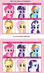 Size: 680x1110 | Tagged: safe, applejack, fluttershy, pinkie pie, rainbow dash, rarity, twilight sparkle, g4, 6 pony meme, bend over, exploitable meme, mane six, meme, meta