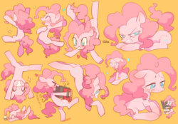 Size: 1078x750 | Tagged: safe, artist:rikose, pinkie pie, earth pony, pony, g4, accordion, blushing, cartwheel, colored pupils, creamy creamy frosting, crying, cupcake, cute, diapinkes, expressions, female, floppy ears, food, multeity, musical instrument, open mouth, orange background, profile, simple background, sketch dump, smiling, solo, upside down