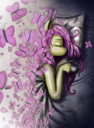 Size: 1175x1584 | Tagged: safe, artist:anthropony, artist:sonar-doll, fluttershy, butterfly, pegasus, pony, g4, bed, female, sleeping, solo, surreal