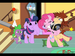 Size: 1200x893 | Tagged: safe, artist:brodogz, pinkie pie, spike, twilight sparkle, fanfic:kingdom hearts of harmony, g4, clothes, commission, crossover, disney, fanfic art, female, hug, jacket, kingdom hearts, kingdom hearts of harmony, letterboxing, male, ponified, sora, sora gets all the mares, sorapie, straight