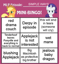 Size: 460x505 | Tagged: safe, applejack, big macintosh, derpy hooves, rarity, spike, trenderhoof, earth pony, pony, g4, simple ways, baby dragon, bingo, female, jealous, jealous spike, male, mare, mini-bingo, prediction, protective big macintosh, red drama coach, stallion, wet mane