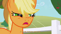 Size: 1280x720 | Tagged: safe, screencap, applejack, g4, the ticket master, disapproval, female, frame, solo, subtitles, suspicious, worried