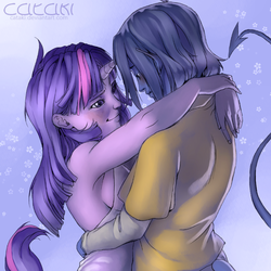 Size: 945x945 | Tagged: dead source, safe, artist:cataki, twilight sparkle, human, g4, clothes, crossover, crossover shipping, female, horn, horned humanization, humanized, kurt wagner, male, marvel, nightcrawler, pony coloring, shipping, straight, tailed humanization, x-men