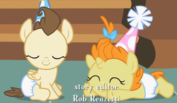 Size: 529x309 | Tagged: safe, screencap, pound cake, pumpkin cake, pegasus, pony, unicorn, baby cakes, g4, baby, baby pony, c:, cake twins, cute, diaper, diapered, diapered colt, diapered filly, diapered foals, eyes closed, frown, happy babies, hat, one month old colt, one month old filly, one month old foals, party hats, prone, sitting, smiling, white diapers