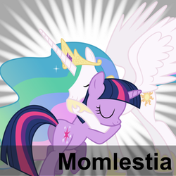 Size: 390x390 | Tagged: safe, princess celestia, twilight sparkle, alicorn, pony, unicorn, g4, butt, eyes closed, female, hug, mare, meta, momlestia, plot, spoilered image joke