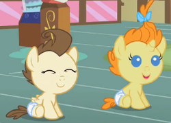 Size: 257x184 | Tagged: safe, screencap, pound cake, pumpkin cake, baby cakes, g4, baby, baby pony, cake twins, cute, diaper, diapered, diapered colt, diapered filly, diapered foals, eyes closed, female, filly, happy babies, one month old colt, one month old filly, one month old foals, siblings, twins, white diapers