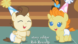 Size: 570x324 | Tagged: safe, screencap, pound cake, pumpkin cake, baby cakes, g4, baby, baby pony, cake twins, colt, cute, diaper, diapered, diapered colt, diapered filly, diapered foals, eyes closed, female, filly, happy babies, male, one month old colt, one month old filly, one month old foals, party hats, siblings, twins, white diapers