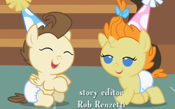 Size: 516x323 | Tagged: safe, screencap, pound cake, pumpkin cake, baby cakes, g4, baby, baby pony, cake twins, colt, cute, daaaaaaaaaaaw, diaper, diapered, diapered colt, diapered filly, diapered foals, eyes closed, female, filly, giggling happily, happy babies, lidded eyes, male, one month old colt, one month old filly, one month old foals, party hats, siblings, twins, white diapers