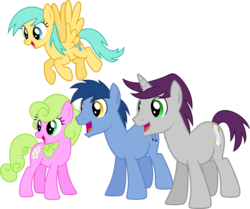 Size: 9548x8000 | Tagged: safe, artist:chainchomp2, blues, daisy, flower wishes, noteworthy, sunshower raindrops, written script, earth pony, pegasus, pony, unicorn, g4, pinkie pride, absurd resolution, background pony, female, group, male, mare, open mouth, quartet, simple background, stallion, transparent background, vector