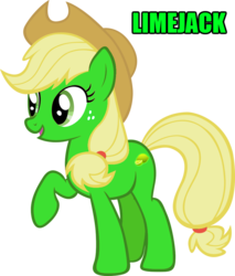 Size: 900x1057 | Tagged: safe, edit, applejack, g4, female, image macro, limejack, raised hoof, simple background, solo