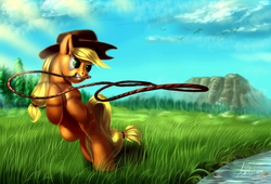 Size: 1600x1088 | Tagged: safe, artist:zilvart, applejack, g4, female, grass, jumping, lasso, mouth hold, scenery, solo, water