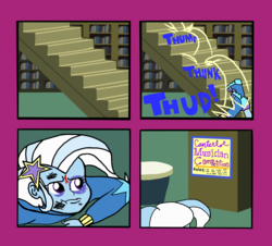 Size: 1338x1208 | Tagged: safe, artist:oneovertwo, trixie, comic:trixie enemy of, comic:trixie enemy of a rare situation, equestria girls, g4, blood, bruised, comic, falling, it keeps happening, stairs