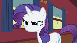 Size: 1366x768 | Tagged: safe, screencap, rarity, pony, unicorn, g4, over a barrel, annoyed, female, horn, mare, rarity is not amused, solo, unamused