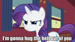 Size: 959x540 | Tagged: safe, rarity, g4, female, hug, image macro, imma snuggle you, solo