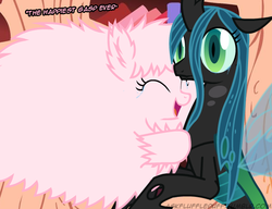 Size: 650x500 | Tagged: safe, artist:mixermike622, queen chrysalis, oc, oc:fluffle puff, changeling, changeling queen, pony, tumblr:ask fluffle puff, g4, canon x oc, crying, female, golden oaks library, lesbian, ship:chrysipuff, shipping, tears of joy