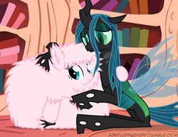 Size: 650x500 | Tagged: safe, artist:mixermike622, queen chrysalis, oc, oc:fluffle puff, changeling, changeling queen, pony, tumblr:ask fluffle puff, g4, crown, crying, female, jewelry, regalia, tears of joy