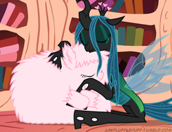 Size: 650x500 | Tagged: safe, artist:mixermike622, queen chrysalis, oc, oc:fluffle puff, changeling, changeling queen, pony, tumblr:ask fluffle puff, g4, crying, female, golden oaks library, lesbian, ship:chrysipuff, shipping, tears of joy