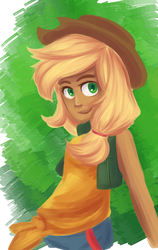 Size: 1616x2562 | Tagged: safe, artist:looji, applejack, human, g4, female, humanized, moderate dark skin, solo