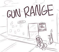 Size: 2478x2222 | Tagged: safe, artist:nobody, oc, oc only, oc:gloria, satyr, gutter, monochrome, offspring, parent:oc:gloomy, rocket launcher, shopping, sign, sitting, solo, weapon