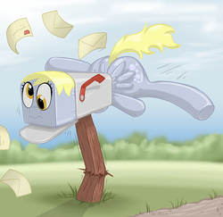 Size: 1200x1168 | Tagged: safe, artist:redflare500, derpy hooves, pegasus, pony, g4, cartoon physics, cartoony, derpy inside a mailbox, female, letter, mail, mailbox, mare, solo