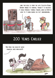 Size: 2480x3508 | Tagged: safe, artist:bobthedalek, octavia melody, oc, oc:kettle master, earth pony, pony, g4, amplifier, buried, clothes, comic, future, hat, history, implied vinyl scratch, museum, shirt, shovel