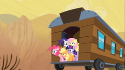 Size: 1366x768 | Tagged: safe, screencap, applejack, fluttershy, pinkie pie, rarity, twilight sparkle, earth pony, pegasus, pony, unicorn, g4, over a barrel, desert, female, group, horn, mare, quintet, unicorn twilight