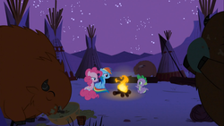 Size: 1366x768 | Tagged: safe, screencap, pinkie pie, rainbow dash, spike, bison, buffalo, dragon, earth pony, pegasus, pony, g4, over a barrel, campfire, eating, female, male, mare, night, stars, tipi, unnamed buffalo, unnamed character