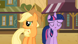 Size: 1366x768 | Tagged: safe, screencap, applejack, twilight sparkle, g4, over a barrel