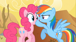 Size: 1366x768 | Tagged: safe, screencap, pinkie pie, rainbow dash, earth pony, pegasus, pony, g4, over a barrel, female, mare