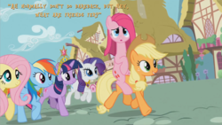 Size: 960x540 | Tagged: safe, edit, edited screencap, screencap, applejack, fluttershy, pinkie pie, rainbow dash, rarity, twilight sparkle, earth pony, pegasus, pony, unicorn, g4, magical mystery cure, a true true friend, big crown thingy, confused, element of generosity, element of kindness, element of loyalty, element of magic, female, jewelry, looking at you, mane six, mare, pinkamena diane pie, ponies riding ponies, regalia, riding, swapped cutie marks, unicorn twilight