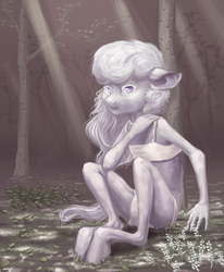 Size: 814x988 | Tagged: dead source, safe, artist:meaninglessspine, silver spoon, earth pony, anthro, g4, creepy, female, forest, looking at you, sitting, skinny, solo, thin